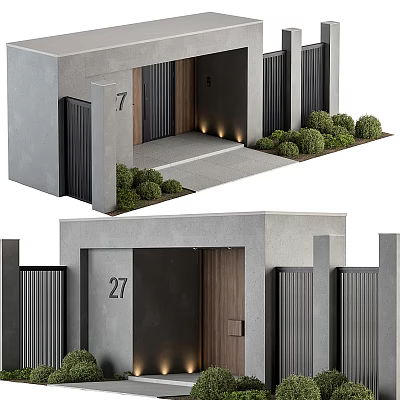 Modern Entrance Gate Design With Wooden Door Gray Walls Green Plants And Fences 3d model
