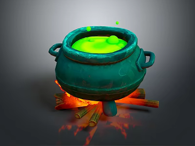 Witch Cauldron With Green Bubbling Liquid Burning Logs And Flames 3d model