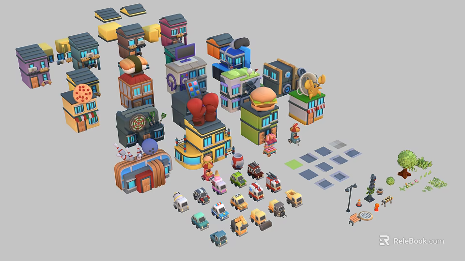 Colorful Cartoon Buildings With Various Shops Cars And Small Street Elements 3d model 