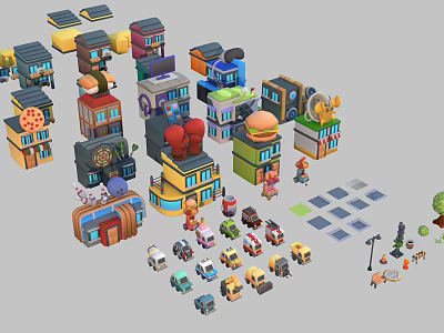 Colorful Cartoon Buildings With Various Shops Cars And Small Street Elements 3d model