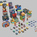 Colorful Cartoon Buildings With Various Shops Cars And Small Street Elements