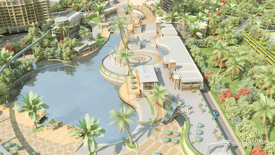 Aerial View Planning of Waterfront Leisure Area With Palm Trees Winding Walkways And Lush Greenery 3d model 