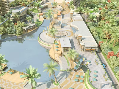 Aerial View Planning of Waterfront Leisure Area With Palm Trees Winding Walkways And Lush Greenery 3d model