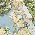 Aerial View Planning of Waterfront Leisure Area With Palm Trees Winding Walkways And Lush Greenery
