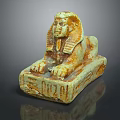 Ancient Egyptian Sphinx Sculpture Carving With Yellowish Brown Hue And Hieroglyph Carved Base