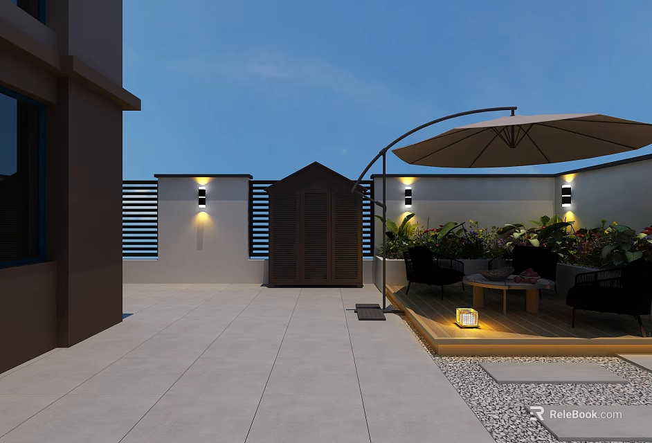 Modern Courtyard Garden Decor With Cozy Outdoor Seating Area And Lush Green Plants Design 3d model 