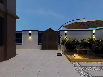 Modern Courtyard Garden Decor With Cozy Outdoor Seating Area And Lush Green Plants Design 3d model