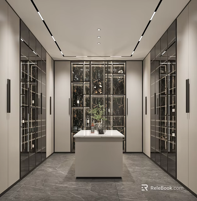 Luxurious Wine Cellar With Glass Doors Wine Racks Central White Table And Green Plant 3d model 