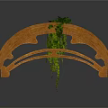 Curved Wooden Structure with Carved Patterns and Green Plants Hanging from Top