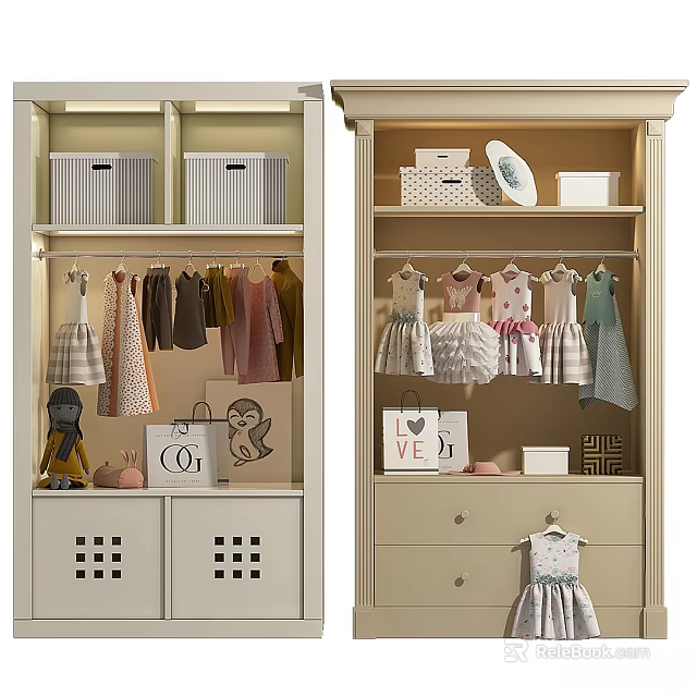 Children's Wardrobe with Hanging Clothes Storage Boxes Decorative Items and Drawers 3d model 