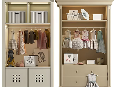 Children's Wardrobe with Hanging Clothes Storage Boxes Decorative Items and Drawers 3d model