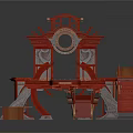 Red Architectural Model Featuring Curved Structure And Multi Level Intricate Platforms