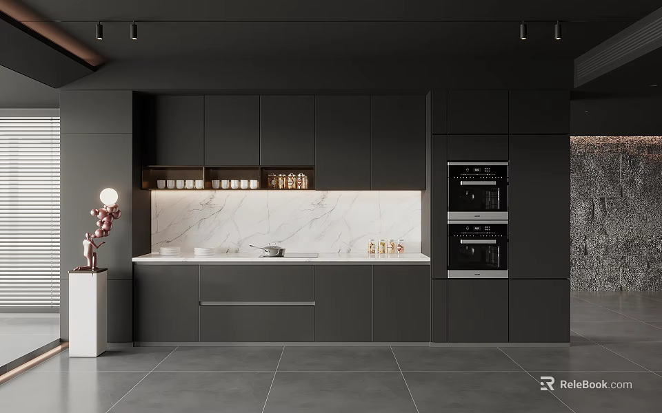 Modern Kitchen Interior With Black Cabinets And Marble Countertop Built-in Oven 3d model 