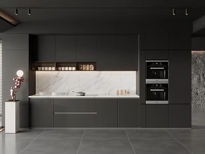 Modern Kitchen Interior With Black Cabinets And Marble Countertop Built-in Oven 3d model