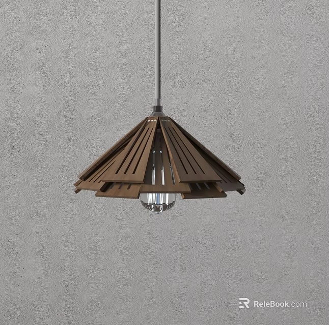 Wooden Pendant Light With Striped Design And Transparent Bulb Against Gray Wall 3d model 