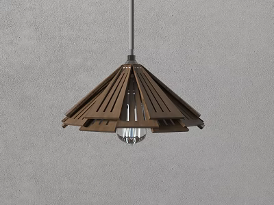 Wooden Pendant Light With Striped Design And Transparent Bulb Against Gray Wall 3d model