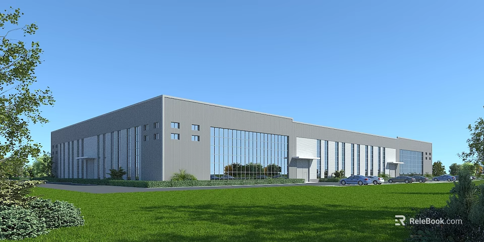 Modern Industrial Factory Exterior Design Featuring Large Glass Windows Gray Facade Green Lawn And Car 3d model 