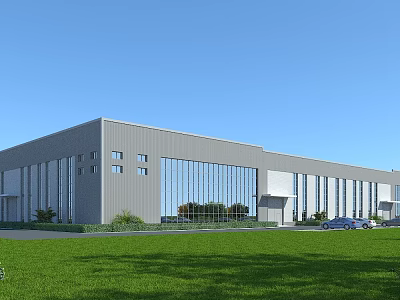 Modern Industrial Factory Exterior Design Featuring Large Glass Windows Gray Facade Green Lawn And Car 3d model