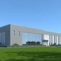 Modern Industrial Factory Exterior Design Featuring Large Glass Windows Gray Facade Green Lawn And Car