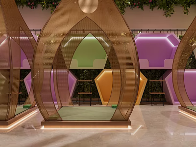 Modern SPA Sauna With Multiple Colorful Hexagonal Compartments Metal Mesh Screens Green Plants Marble Flooring 3d model