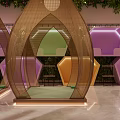 Modern SPA Sauna With Multiple Colorful Hexagonal Compartments Metal Mesh Screens Green Plants Marble Flooring