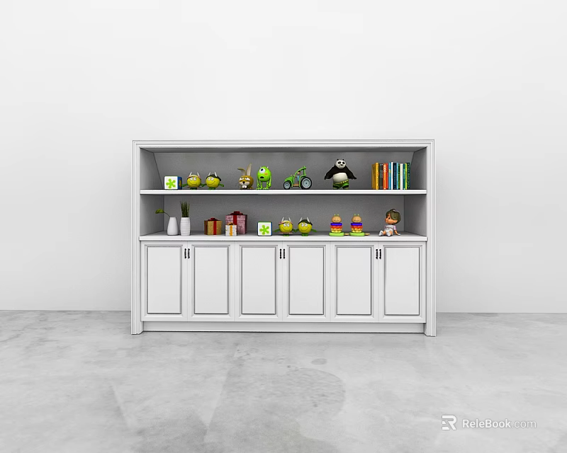 White Entryway Cabinet Sideboard With Drawers Open Shelves And Decorative Items Books Fruits 3d model 