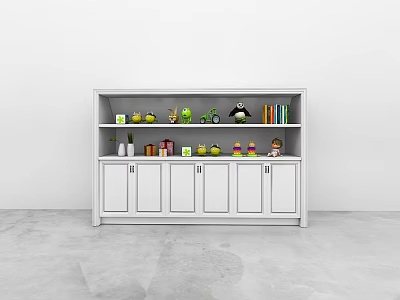 White Entryway Cabinet Sideboard With Drawers Open Shelves And Decorative Items Books Fruits 3d model