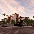 Modern Urban Neighborhood With High Rise Buildings Tree Lined Streets Vehicles And Pedestrians