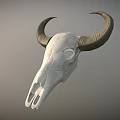Game Movie Character Bull Skull With Large Horns White Bone And Gray Gradient Background