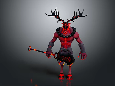 Red Skinned Man With Large Antlers Glowing Patterns And Chain Holding Flaming Staff 3d model