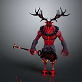 Red Skinned Man With Large Antlers Glowing Patterns And Chain Holding Flaming Staff