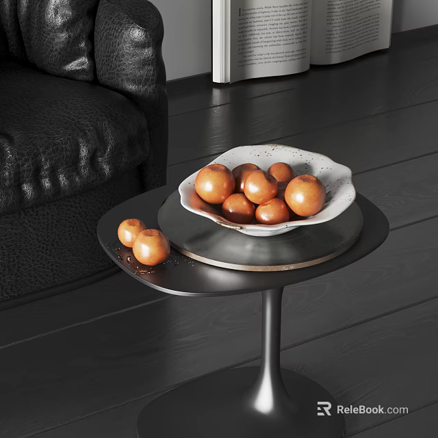 Ceramic Bowl With Orange Fruits On Black Side Table By Leather Sofa 3d model