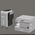 HP Office Appliances Including Multifunction Printer And Shredder On Wooden Desk