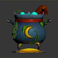 Decorative Magic Cauldron with Blue Body Red Lid Green Vines Moon Pattern and Yellow Flames