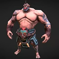 Game Movie Character Muscular Male with Tattoos Mask Tribal Decorations and Shorts