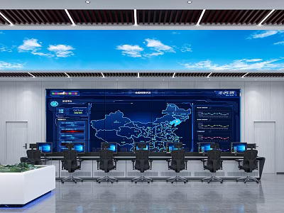 Modern Control Room Interior With Large Screen Displaying Map Data Charts Control Consoles And Chairs 3d model