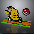 Pixel Art Yellow Character Riding Cart On Colorful Pixel Ground With Floating Pokeball