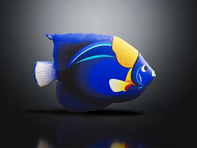 Colorful Blue Stuffed Fish Toy With Yellow And White Accents On Dark Background 3d model
