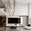 Modern Living Dining Room Interior With Wooden Walls Chandelier Sofa Plant And Staircase