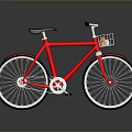 Red Bicycle with Black Seat Front Basket and Silver Wheels on Reflective Surface Background