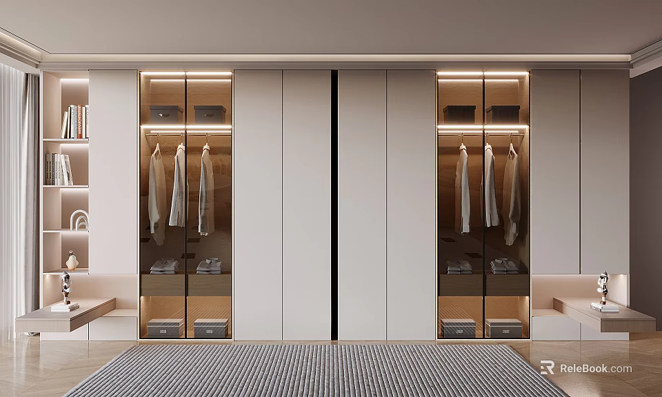 Modern Minimalist Wardrobe Interior Design With Glass Doors LED Lighting And Hanging Clothes 3d model 