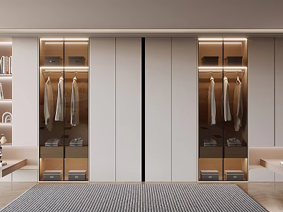 Modern Minimalist Wardrobe Interior Design With Glass Doors LED Lighting And Hanging Clothes 3d model