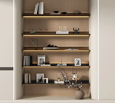 Modern Multi layered Shelving Unit with Books Photo Frames Decorative Vase and Lighting 3d model