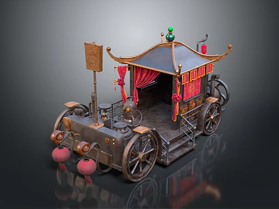 Ancient Chinese Carriage With Traditional Red Curtains Lanterns Green Decorative Ball And Metal Wheels 3d model