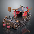 Ancient Chinese Carriage With Traditional Red Curtains Lanterns Green Decorative Ball And Metal Wheels