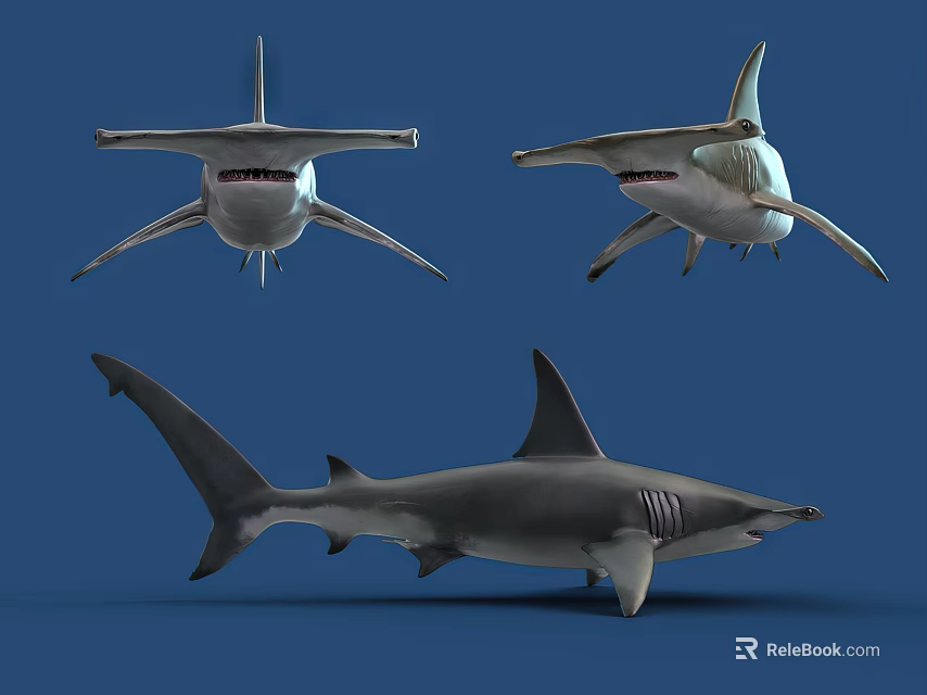 Realistic Shark Aquatic Animal Displayed in Multiple Angles on Blue Background 3d model 