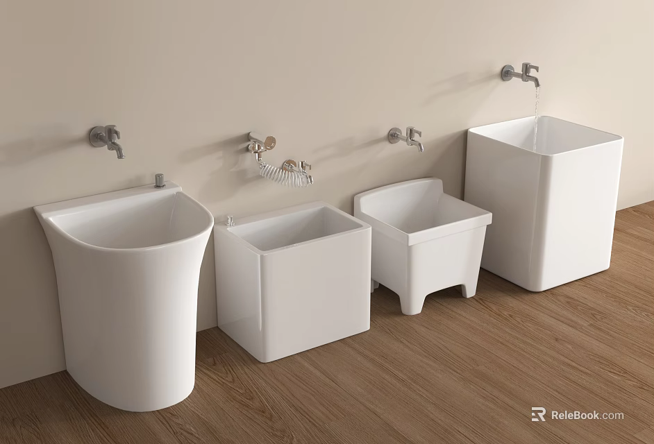 Stylish Bathroom Accessories With Various White Ceramic Washbasins Faucets And Wooden Floor 3d model 