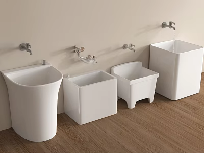 Stylish Bathroom Accessories With Various White Ceramic Washbasins Faucets And Wooden Floor 3d model