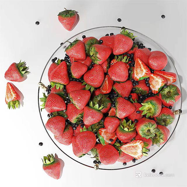Fresh Strawberries and Blueberries Filled in a Glass Plate on White Background 3d model 
