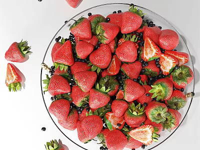 Fresh Strawberries and Blueberries Filled in a Glass Plate on White Background 3d model